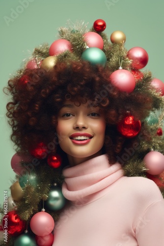 A stunning woman exudes holiday spirit as she becomes one with a towering tree of sparkling ornaments, creating a whimsical and enchanting portrait full of festive magic