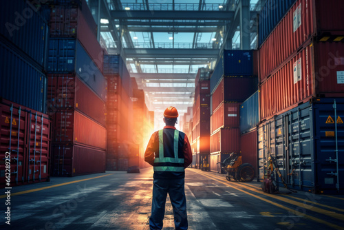 A worker working at container , Man worker managing the import and export container