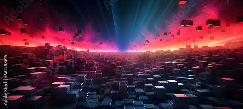 Blue and lilac blocks with neon lines and glowing background futuristic illustration abstract 3d geometric shapes, cyberspace technology concept business web design Generative AI