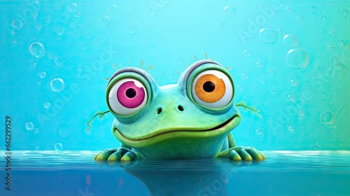  a green frog with big eyes sitting in the water with bubbles. generative ai