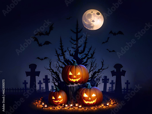 Halloween night scene background with crass grave and full moon with halloween pumpkin within flames in the graveyard and bats in the night | AI Generated