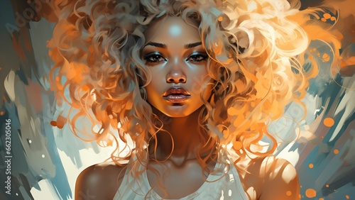 Young colorful beautiful curly blonde with full lips and brown eyes in a white undershirt in the sunlight (close-up, exotic, light amber and black, Afro-Caribbean influence)