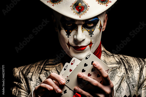 Mystérieux Arlequin joueur de cartes prédisant l'avenir