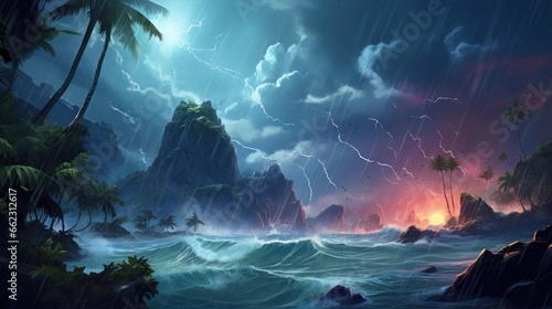 Tropical island during a fierce storm, with crashing waves, torrential rain, and the forces of nature at their most powerful game art