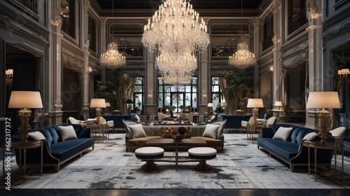 an upscale hotel lobby with plush sofas and opulent chandeliers, offering guests a taste of luxury from the moment they arrive