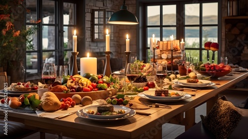 photograph of luxurious kitchen with thanks giving feast on a large wooden dining table