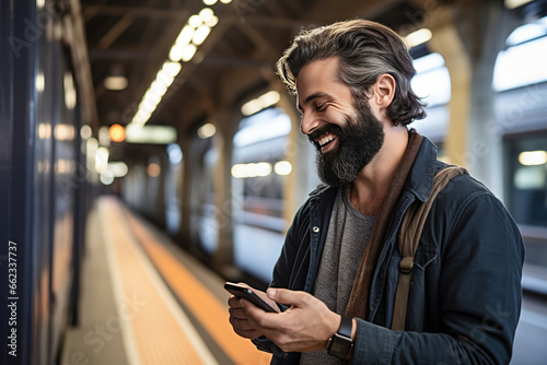 Smiling bearded man looking at his smart phone at a train station
