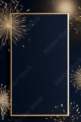 dark blue invitation card with gold yellow fireworks and a golden frame, sylvester