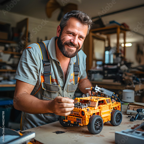 Person fixing an electronic toy car. Young man inventor creating a new invention. Electronics technician repairing a device. Technological concept.