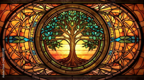 Illustration in stained glass style with tree on a dark background.