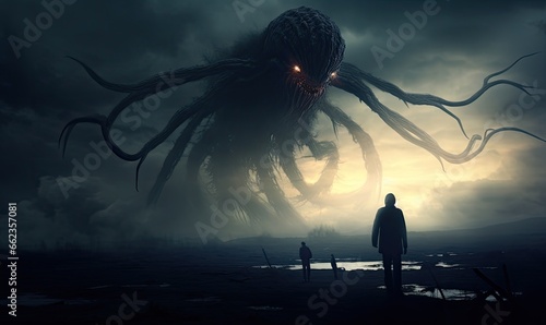 A man facing a colossal octopus in a thrilling encounter