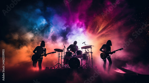 Rock band concert in cloud colorful dust. Music event, Rock band performs on stage colorful dust background. Guitarist, bass guitar and drums on stage.