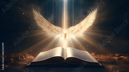 Divine Harmony: Angel and Bible Illustration, AI Generative