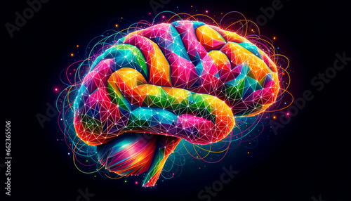 Human brain with colorful abstract connections on black background. Generative AI