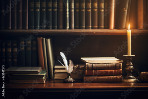 Dark Academia - Vintage study room with classic books, quills, and dark wood - Romanticizing higher education - AI Generated