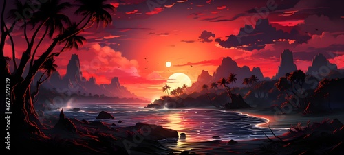 Beautiful seascape with palm trees and sunset