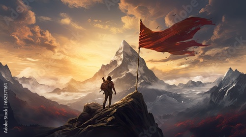 Illustration of a traveler climbing a mountain path with a flag flying proudly.