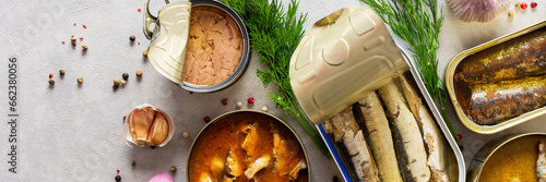 Different open tin cans with canned fish among spices and herbs, canned salmon and mackerel, sprat and sardine, tuna and herring and fish pate, banner