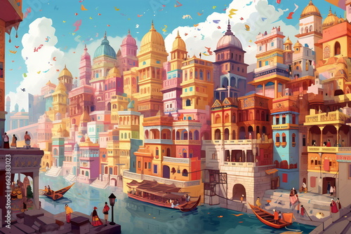 Varanasi urban landscape. Pattern with houses. Illustration.