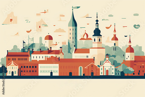 Tallinn urban landscape with cityscape silhouette . Pattern with houses. Illustration