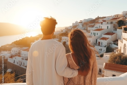 Beautiful young woman and man on their summer vacation walk on greek island Santorini