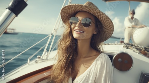 Carefree Woman Soaking up the Sun on a Christmas Vacation in the Caribbean, sitting on a Boat in the Idyllic Sea with Clear Blue Sky and Scenic Views of Vitality and Recreational Pursuit.