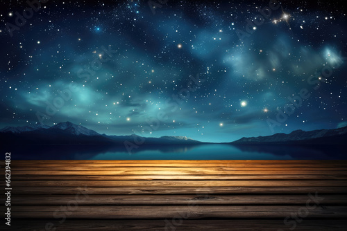 Wooden Table With Starry Night Sky And Mountain and lake landscape. Abstract Background. Ai Generated 