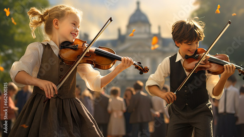 Girl and boy playing the violin in a park with a lot of people in the background 