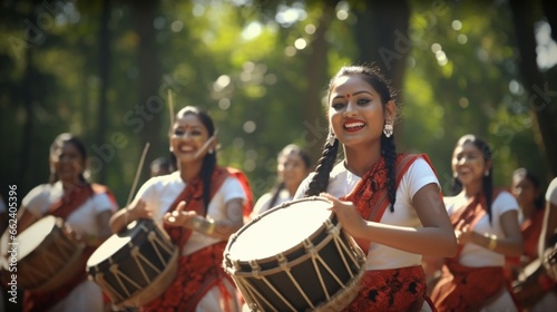 Energetic Bihu dancers in Assam, performing lively steps to the beat of traditional drums.