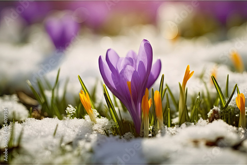  Snowy purple crocus blossoms in spring