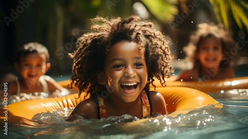 Afro girl swimming in a pool while wearing an inflatable ring