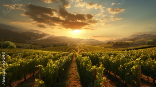 A picturesque vineyard with rows of grapevines, as the sun sets, casting a warm, golden light over the landscape, creating a scene of rustic beauty.
