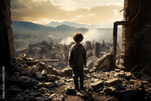 A young boy standing amidst the ruins of a war-torn building created with Generative AI technology