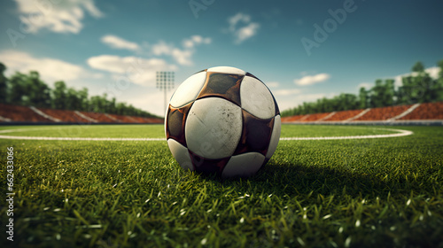 A soccer ball waits alone on the vast green field. Realistic soccer ball ready to bring the sporting spectacle to life in a stadium setting.