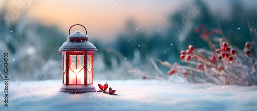 christmas lantern in snow field. Winter Decoration Background with copy space. Christmas theme, sales, space for your holiday text.
