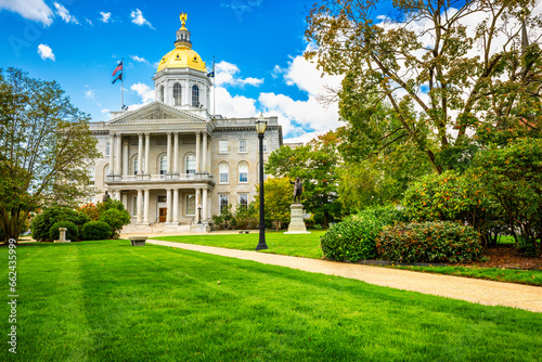 New Hampshire State House, in Concord, on a sunny morning. The capitol houses the New Hampshire General Court, Governor, and Executive Council.
