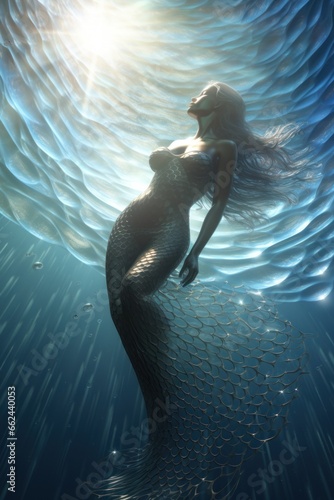 perfect mermaid in sea water. sun rays. clear blue water.