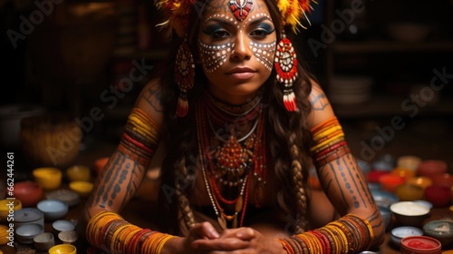 A woman with painted face and headdress sitting on the ground, AI