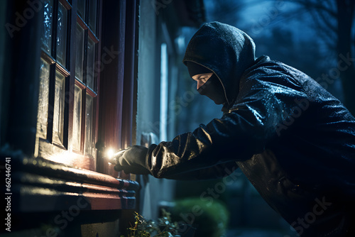 Masked burglar breaking into house at night