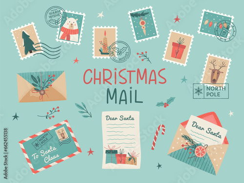 Set of Santa mail included Christmas opened and closed envelopes, decorated with branches and dried lemon slice, seals, postage stamps, Wishlist, Mailbox. Vector illustration on light background