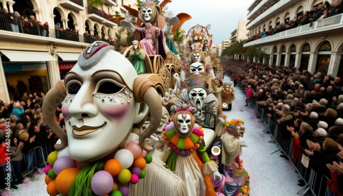 Close-up photo of a grand parade, with floats showcasing artistic brilliance and creativity.