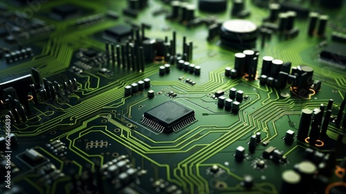 A close up of a circuit board with many electronic components