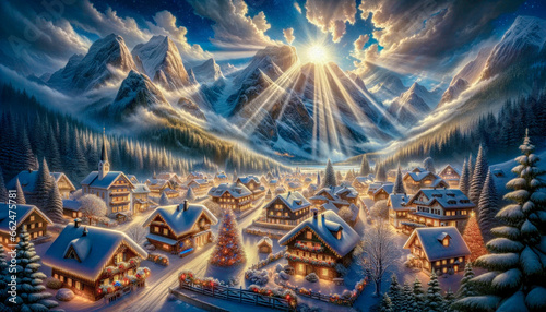 Painting Representing a Charming Christmas Village in the Alps Heavy Snow is Falling Wallpaper Background Cover Brainstorming Card Digital Art