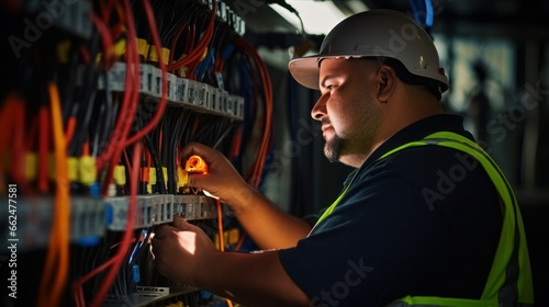 An electrician repairs an electrical panel