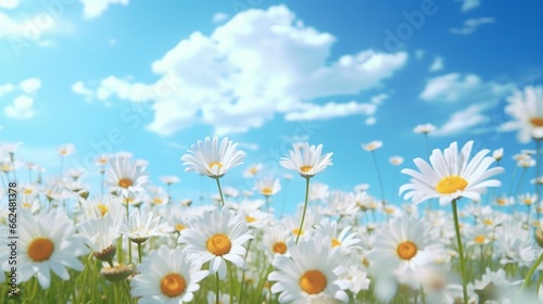 A field of daisies in full bloom, with a clear blue sky overhead and the gentle breeze causing the flowers to sway.