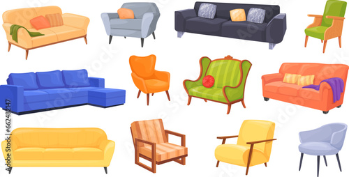 Cartoon couches and armchairs. Isolated couch armchair vintage soft chair for relax in lounge modern office or home studio room decor interior, sofa divan neat vector illustration