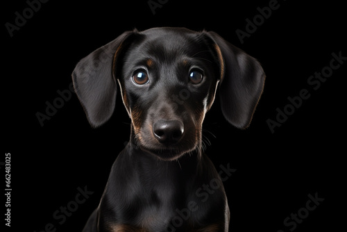 Portrait of black cute puppy dog looking at camera on black background. Copyspace, pet,animals,dogs,puppy concept