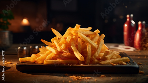 Fresh French fries on the wood table with sun light for product presentation. Created using generative AI.
