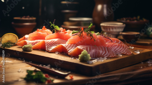 Salmon sashimi on the wood chopping block with sunshine. Created using generative AI.