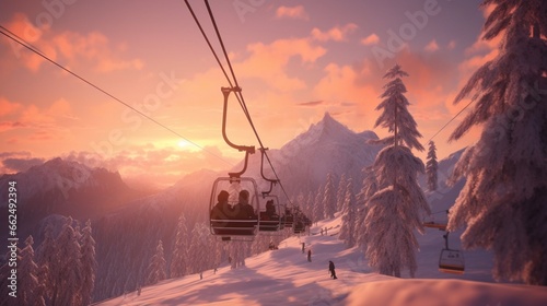 Hyper-realistic ski resort chairlift ascending against a backdrop of a fiery winter sunset, casting a warm glow on the snow-covered landscape and the excited faces of skiers in transit.